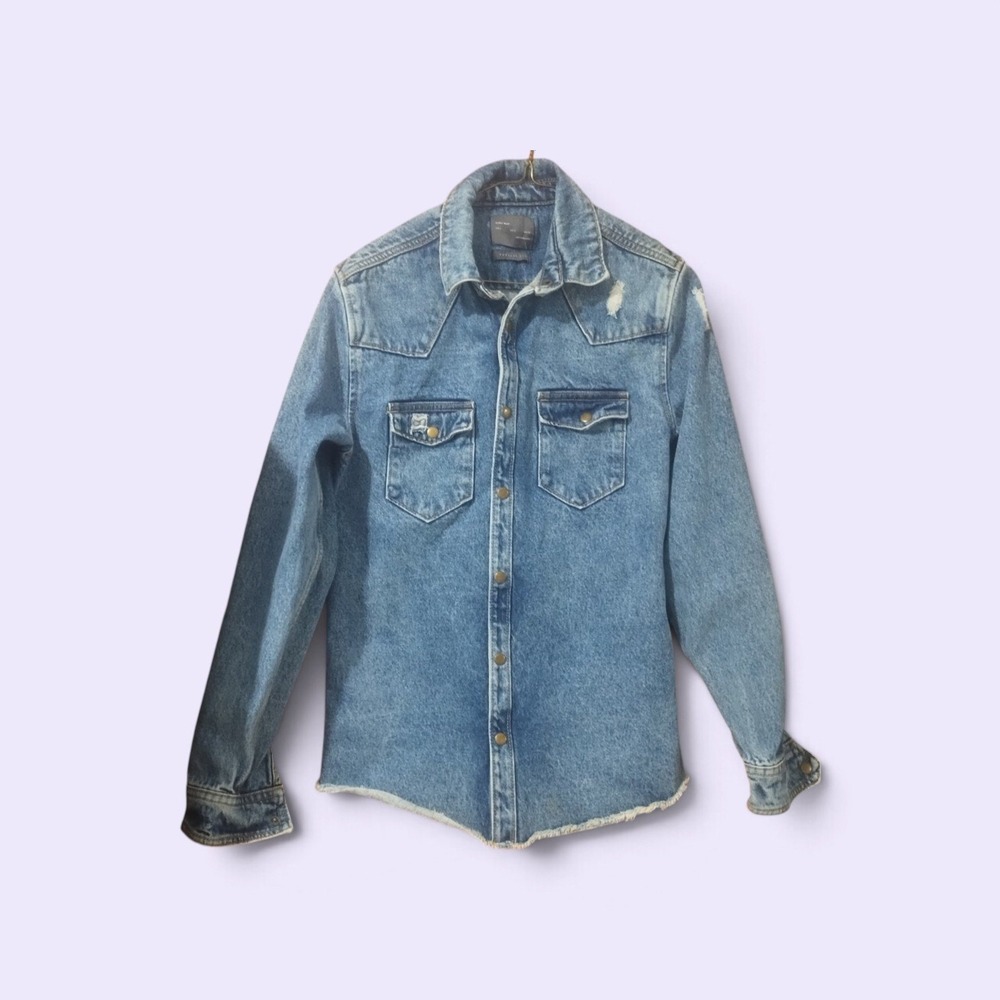Zara Man Distressed Denim Shirt Jacket Blue Medium Wash Regular Fit Small